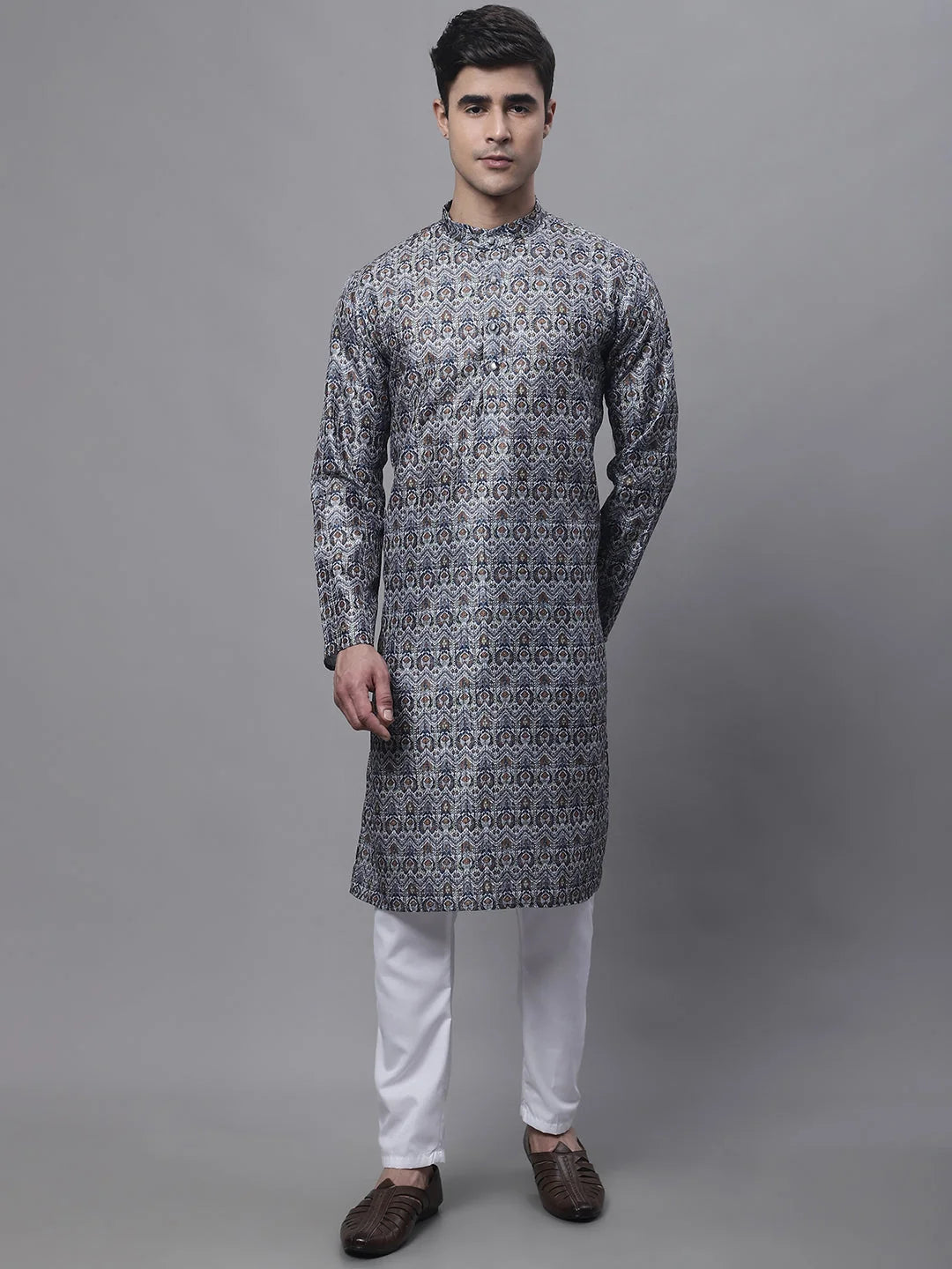 Silver Digital Print Mens Kurta Pajama Set | Ethnic Style