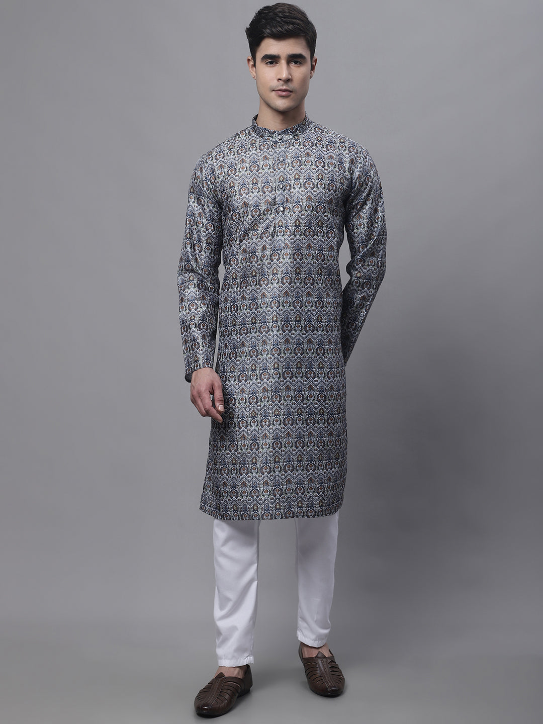 Silver Digital Print Mens Kurta Pajama Set | Ethnic Style