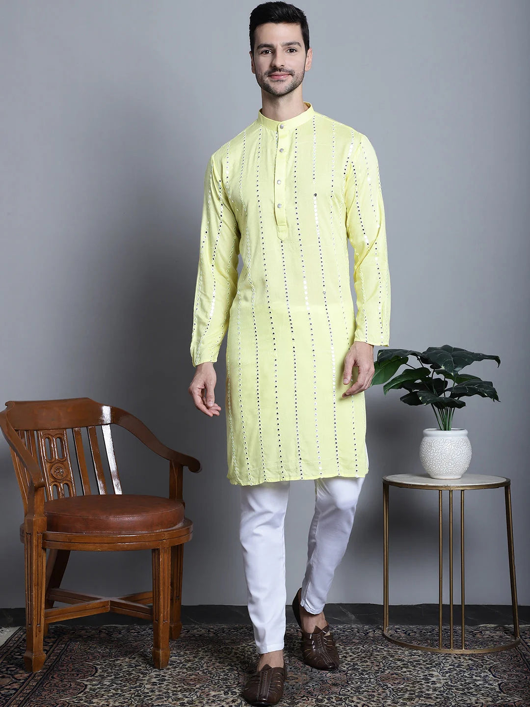 Embroidered Mirror Work Kurta Payjama Sets for Men | Rayon