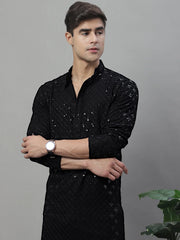 Men's Black Chikankari Embroidered and Sequence Kurtas-KO-695