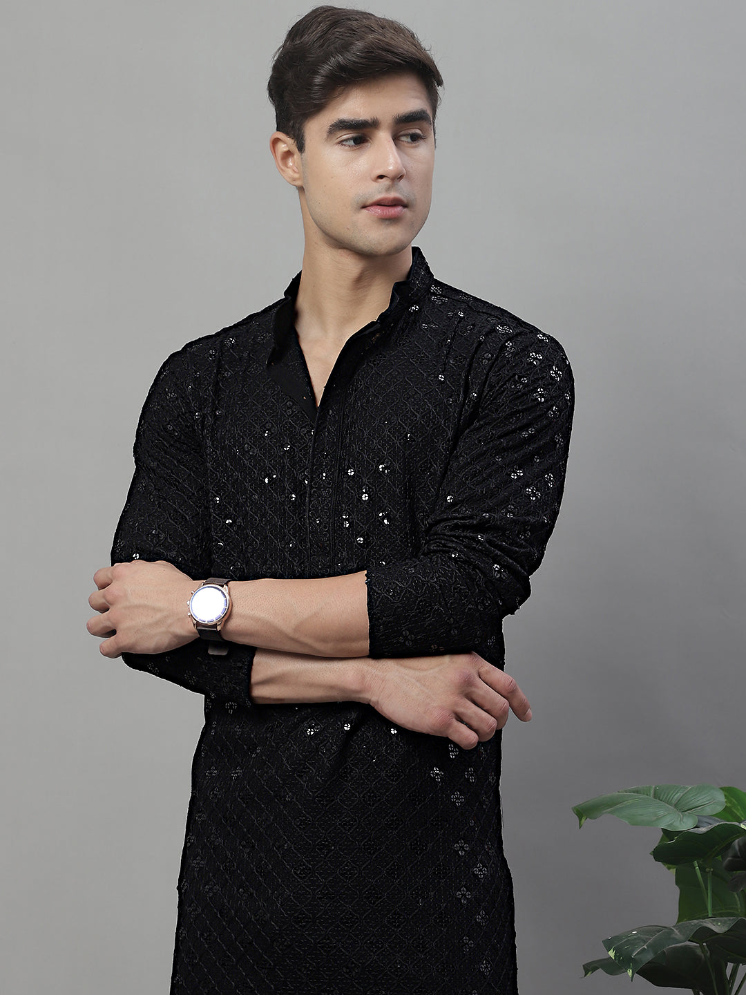 Black Chikankari Men's Kurta - Embroidered Indian Kurta for Men