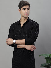 Men's Black Chikankari Embroidered and Sequence Kurtas-KO-695