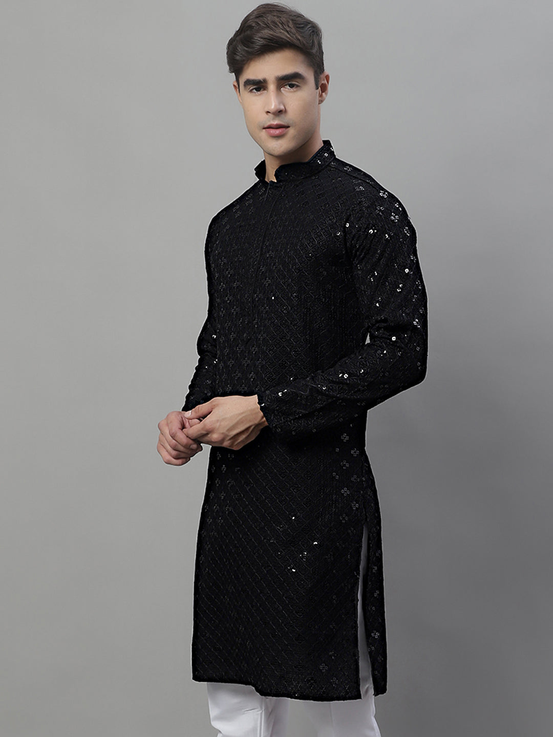 Black Chikankari Men's Kurta - Embroidered Indian Kurta for Men