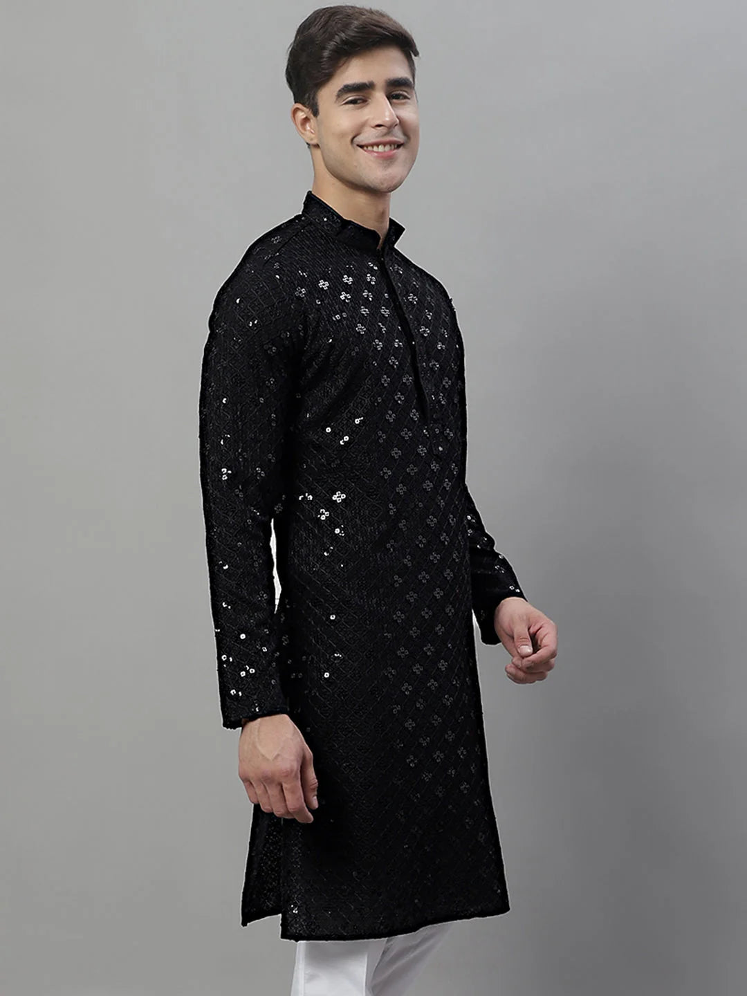 Black Chikankari Men's Kurta - Embroidered Indian Kurta for Men