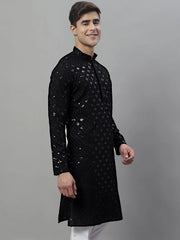 Men's Black Chikankari Embroidered and Sequence Kurtas-KO-695
