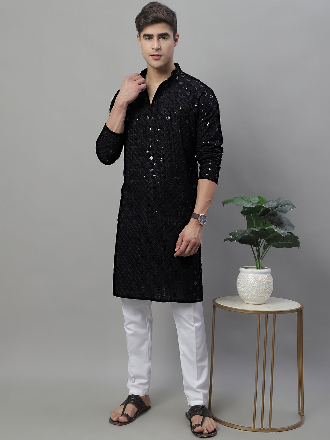 Black Chikankari Men's Kurta - Embroidered Indian Kurta for Men