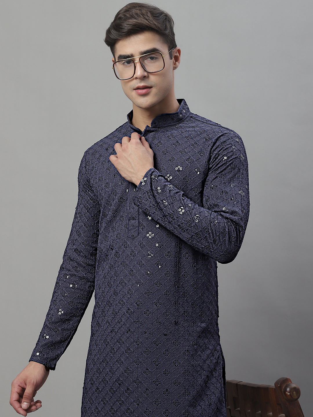Grey Chikankari Men's Kurta - Embroidered Indian Kurta for Men