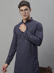Men's Grey Chikankari Embroidered and Sequence Kurtas-KO-695