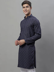 Men's Grey Chikankari Embroidered and Sequence Kurtas-KO-695