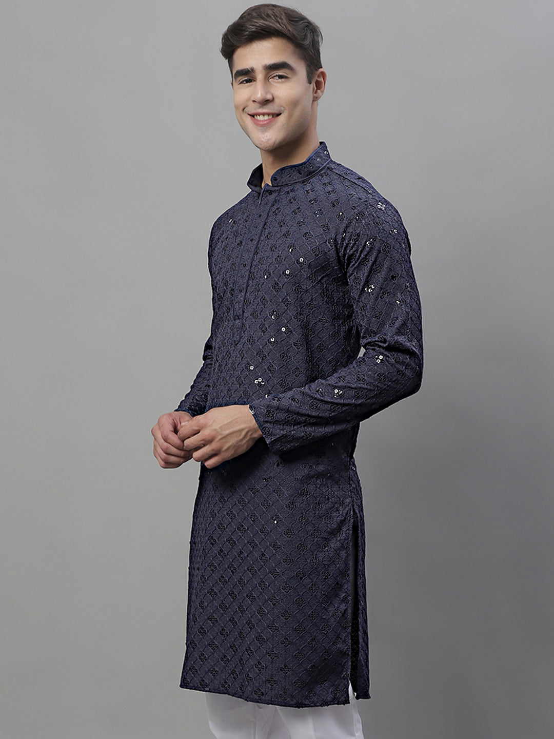 Grey Chikankari Men's Kurta - Embroidered Indian Kurta for Men