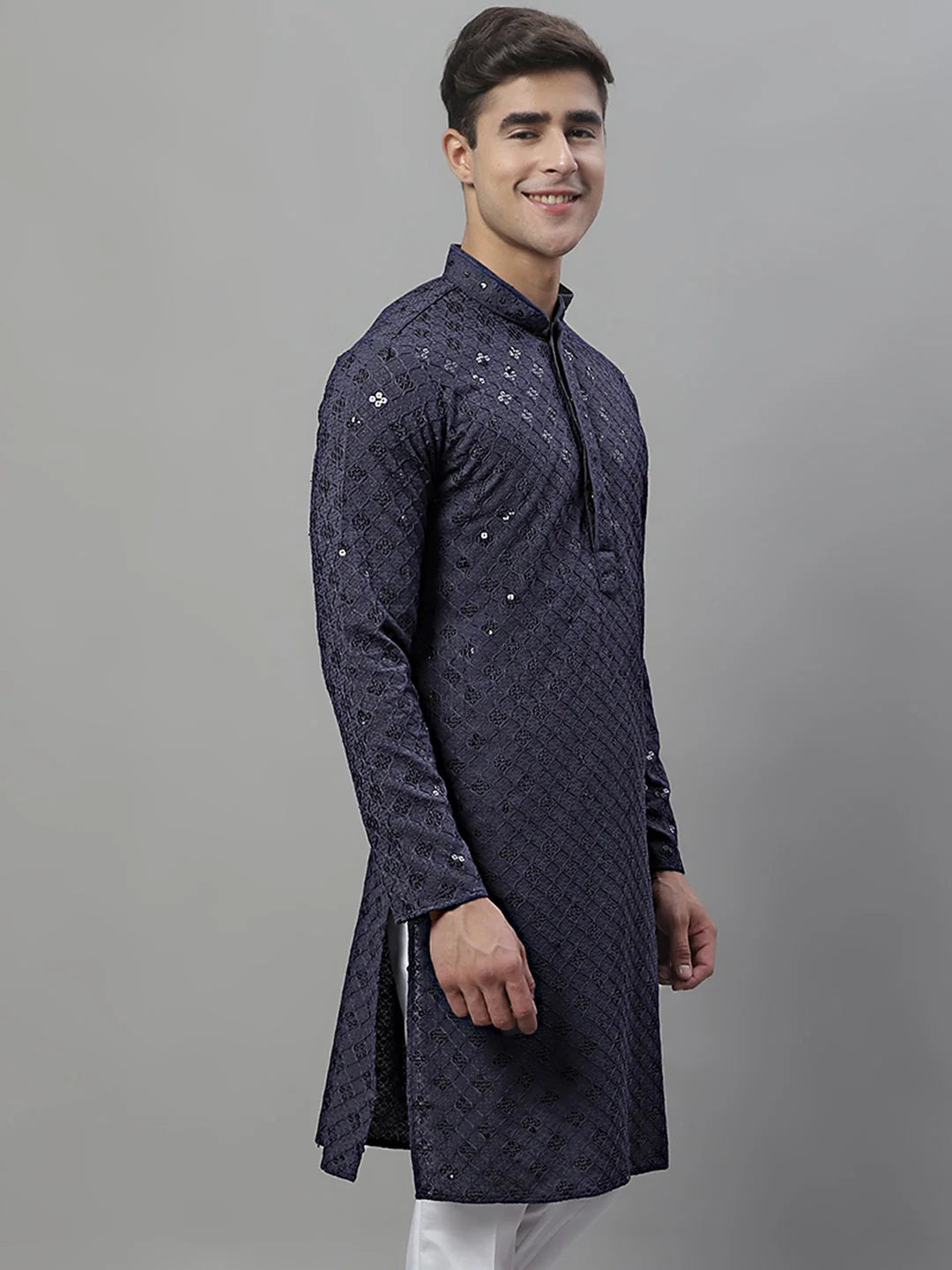 Grey Chikankari Men's Kurta - Embroidered Indian Kurta for Men