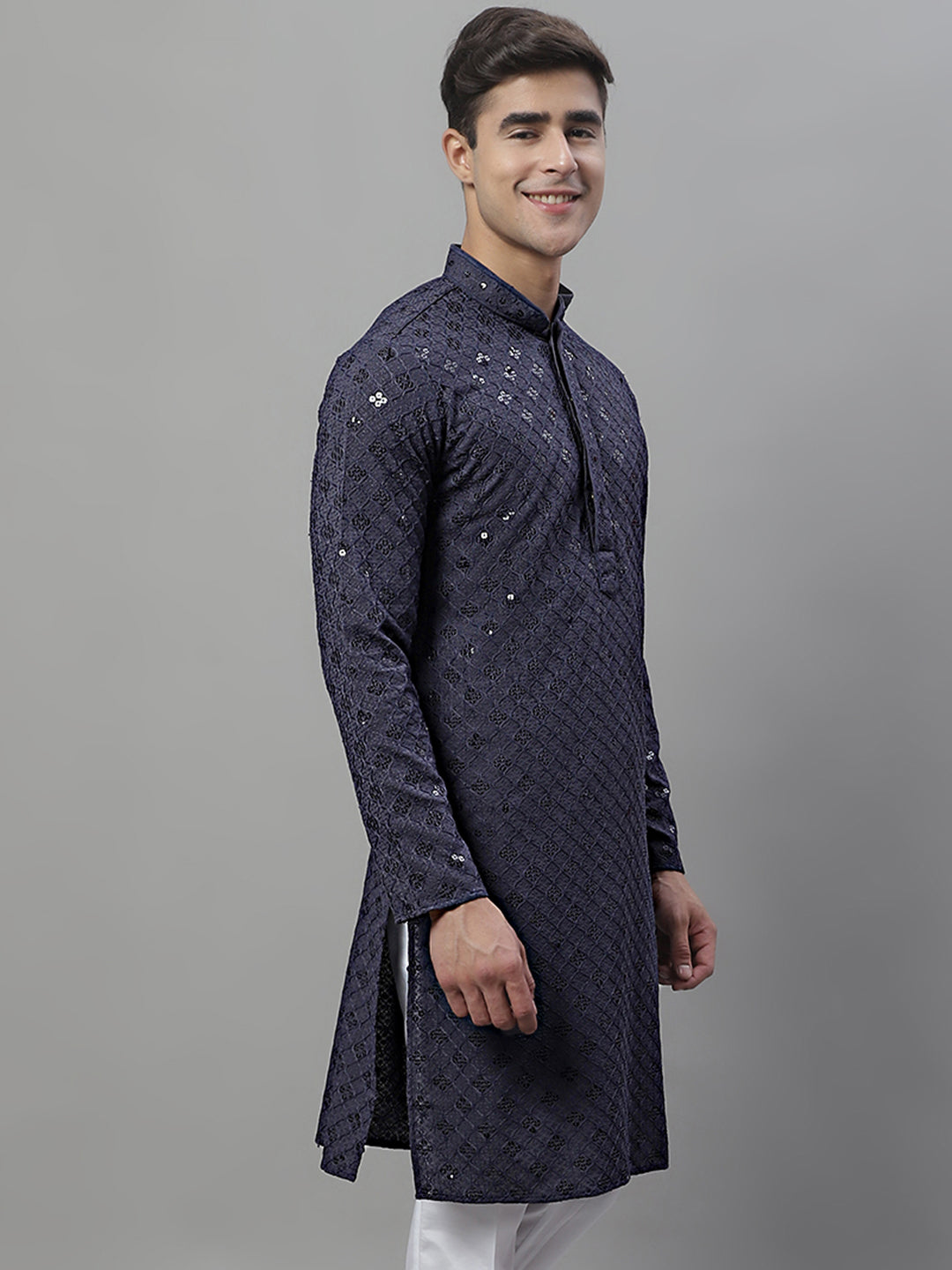 Grey Chikankari Men's Kurta - Embroidered Indian Kurta for Men