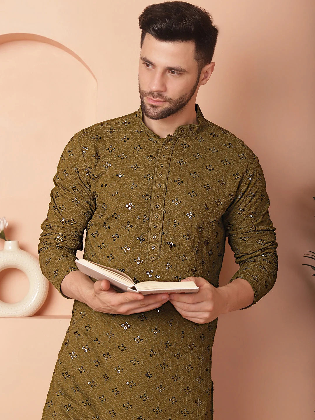Men's Chikankari and Sequence Kurta with Pyjama-JOKP-PY