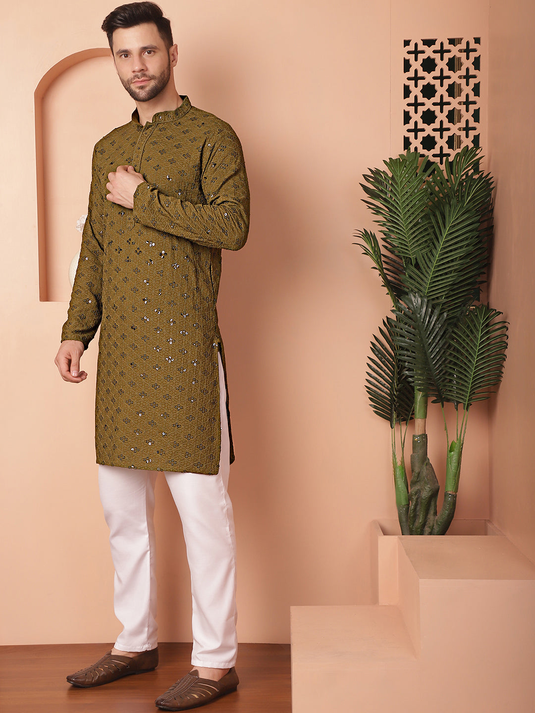 Mehndi Chikankari Mens Kurta Pajama Set | Cotton Ethnic Wear