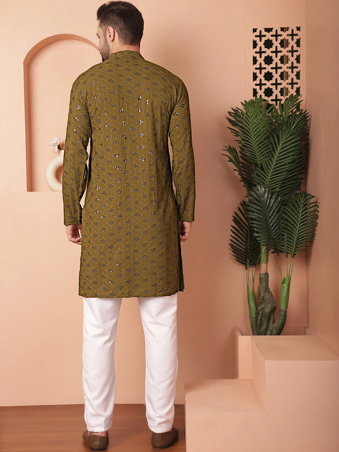 Mehndi Chikankari Mens Kurta Pajama Set | Cotton Ethnic Wear