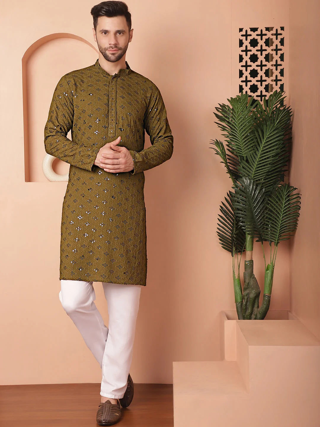 Mehndi Chikankari Mens Kurta Pajama Set | Cotton Ethnic Wear