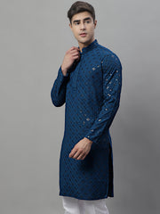 Men's Peacock Blue Chikankari Embroidered and Sequence Kurtas-KO-695