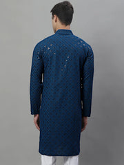 Men's Peacock Blue Chikankari Embroidered and Sequence Kurtas-KO-695