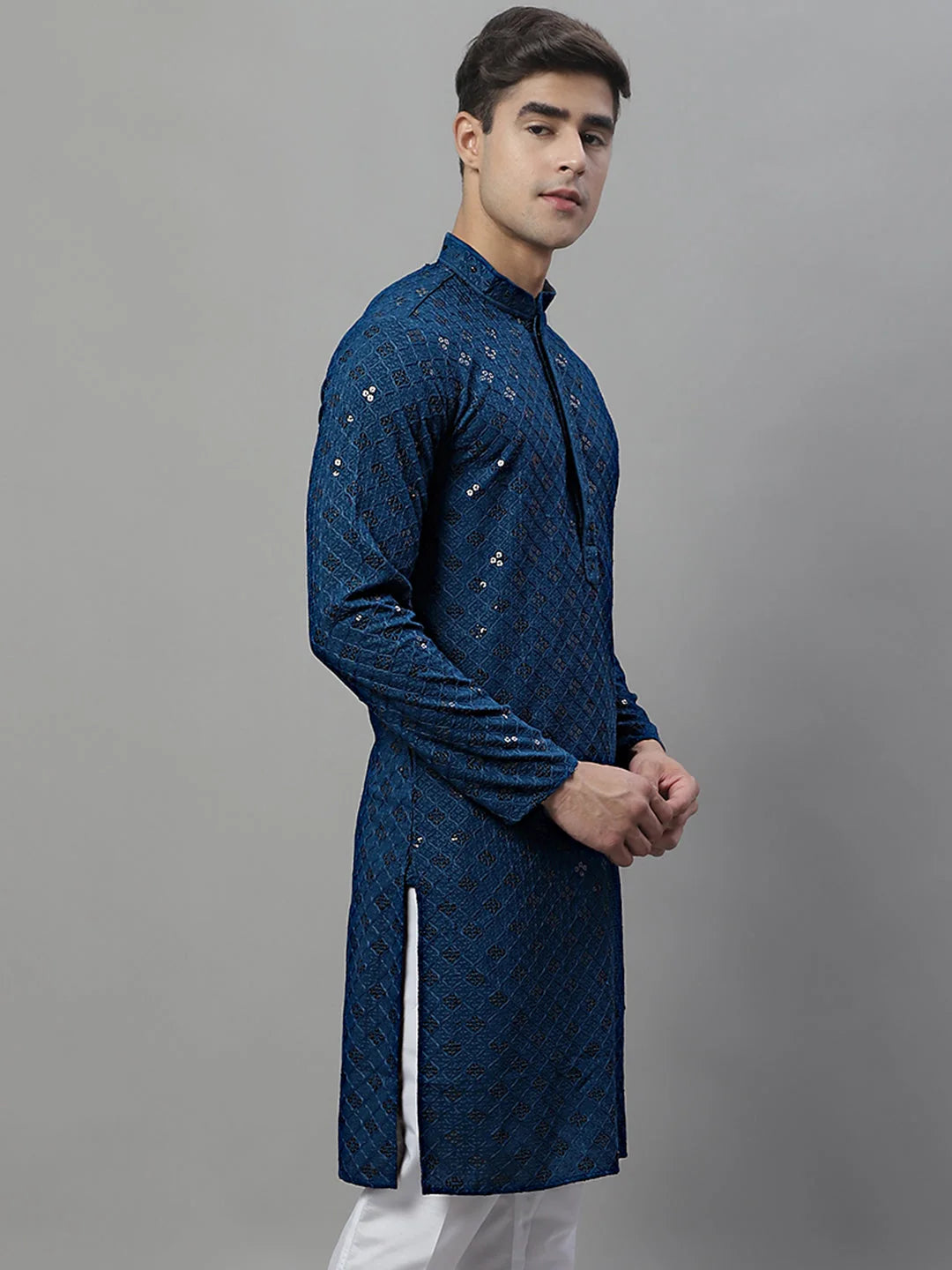 Peacock Blue Chikankari Men's Kurta - Indian Kurta for Men