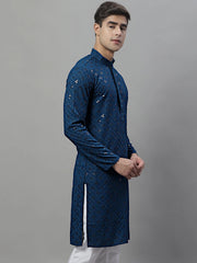 Men's Peacock Blue Chikankari Embroidered and Sequence Kurtas-KO-695