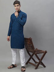 Men's Peacock Blue Chikankari Embroidered and Sequence Kurtas-KO-695