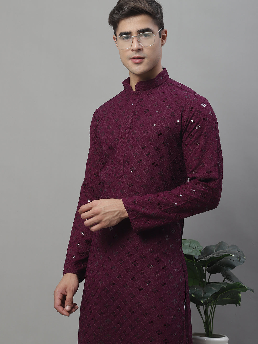 Men's Purple Chikankari Embroidered and Sequence Kurtas-KO-695