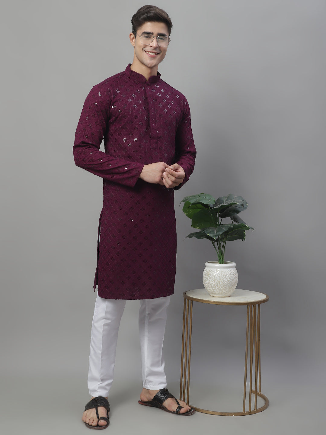 Purple Chikankari Men's Kurta - Indian Kurta for Men Online
