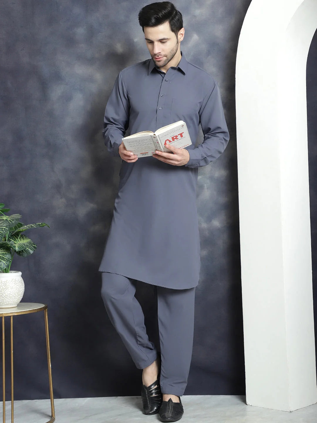 Men's Solid Pathani Kurta with Salwar ( JOKP 696Grey )