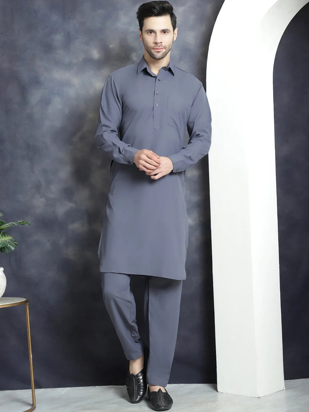 Grey Solid Pathani Kurta Pajama Set | Mens Kurta Pajama