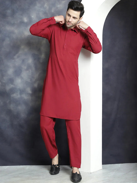 Men's Solid Pathani Kurta with Salwar ( JOKP 696Maroon ) 1080