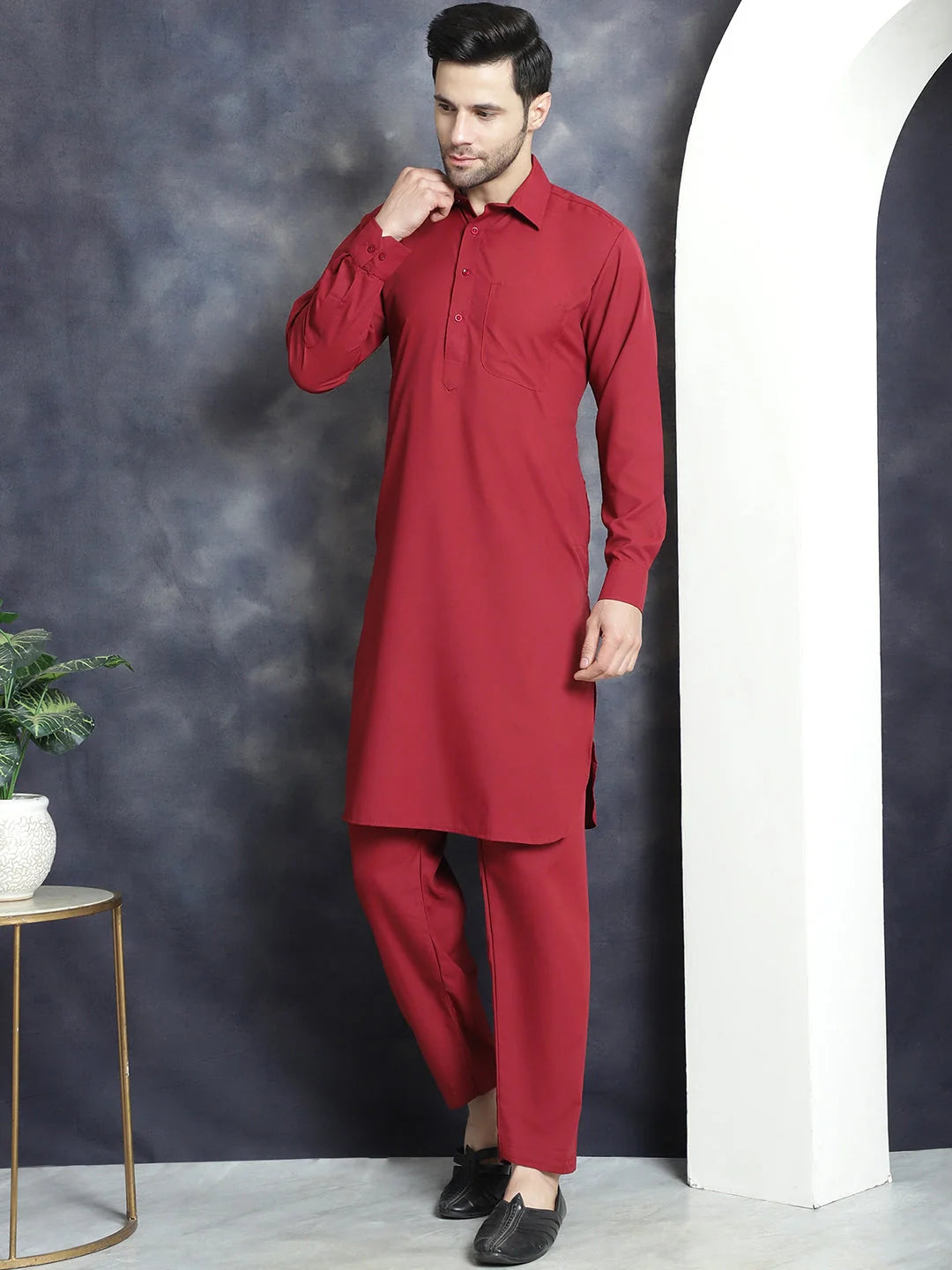 Maroon Pathani Kurta Salwar Set - Mens Kurta Pajama Set Online