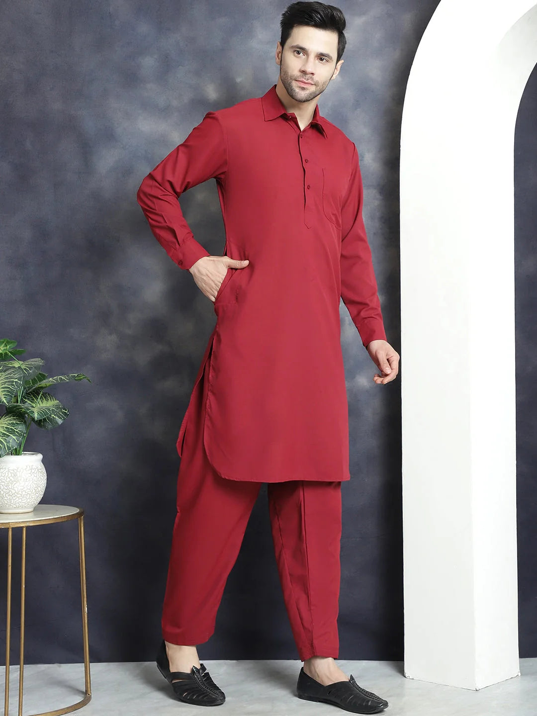 Maroon Pathani Kurta Salwar Set - Mens Kurta Pajama Set Online