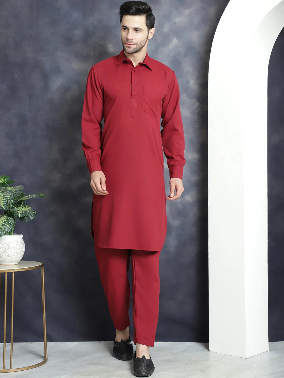 Maroon Pathani Kurta Salwar Set - Mens Kurta Pajama Set Online