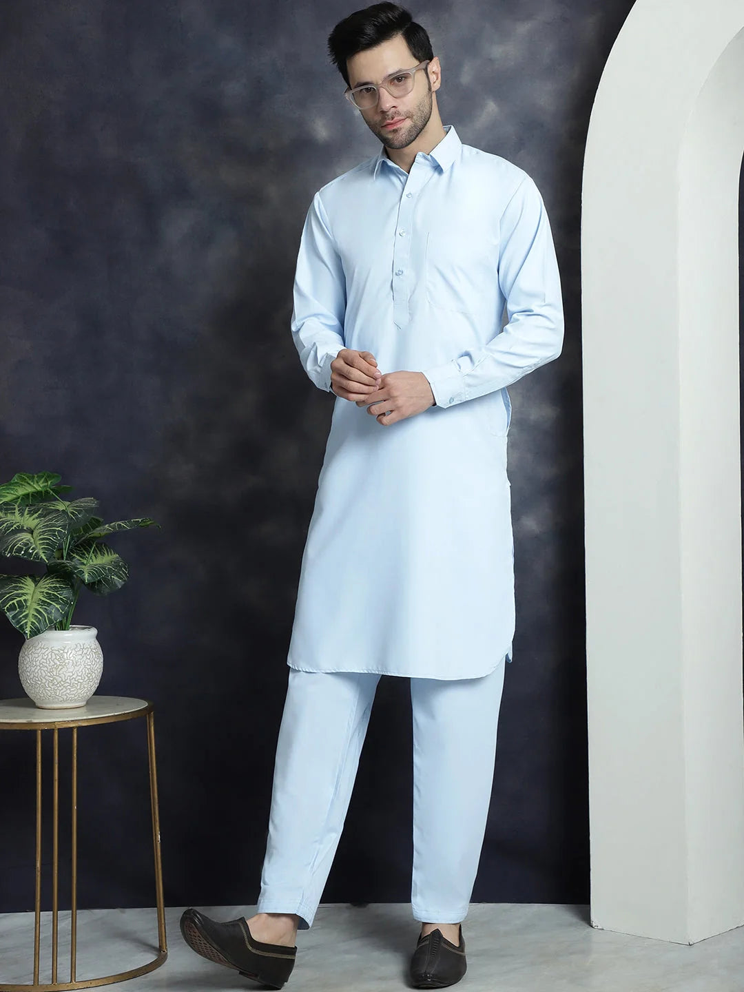 Men's Solid Sky Blue Pathani Kurta Pajama Set | Cotton
