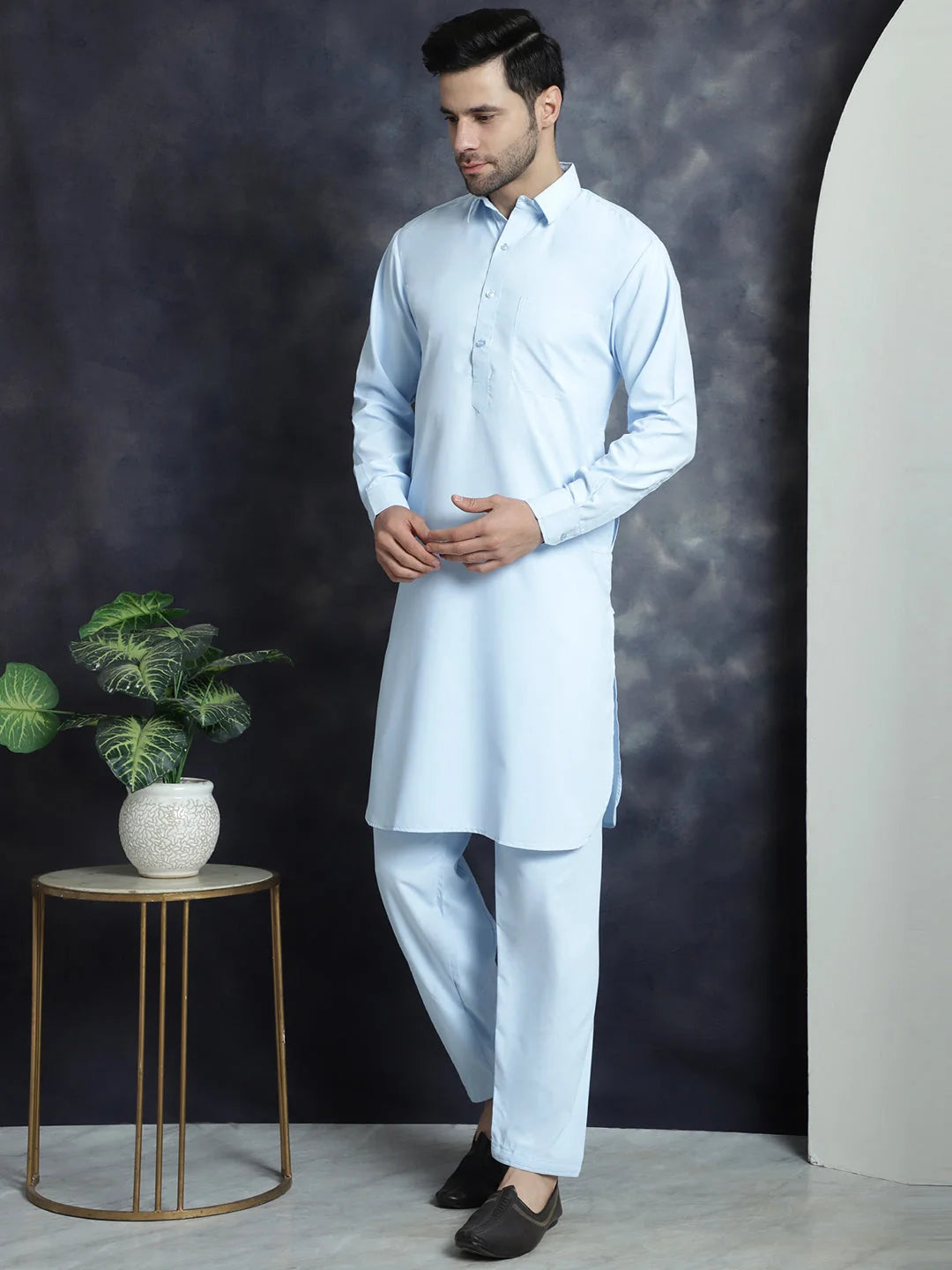 Men's Solid Sky Blue Pathani Kurta Pajama Set | Cotton