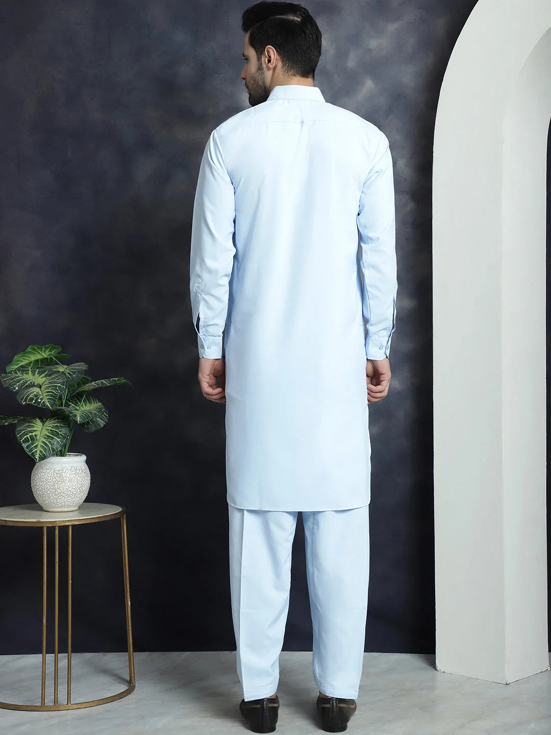 Men's Solid Sky Blue Pathani Kurta Pajama Set | Cotton