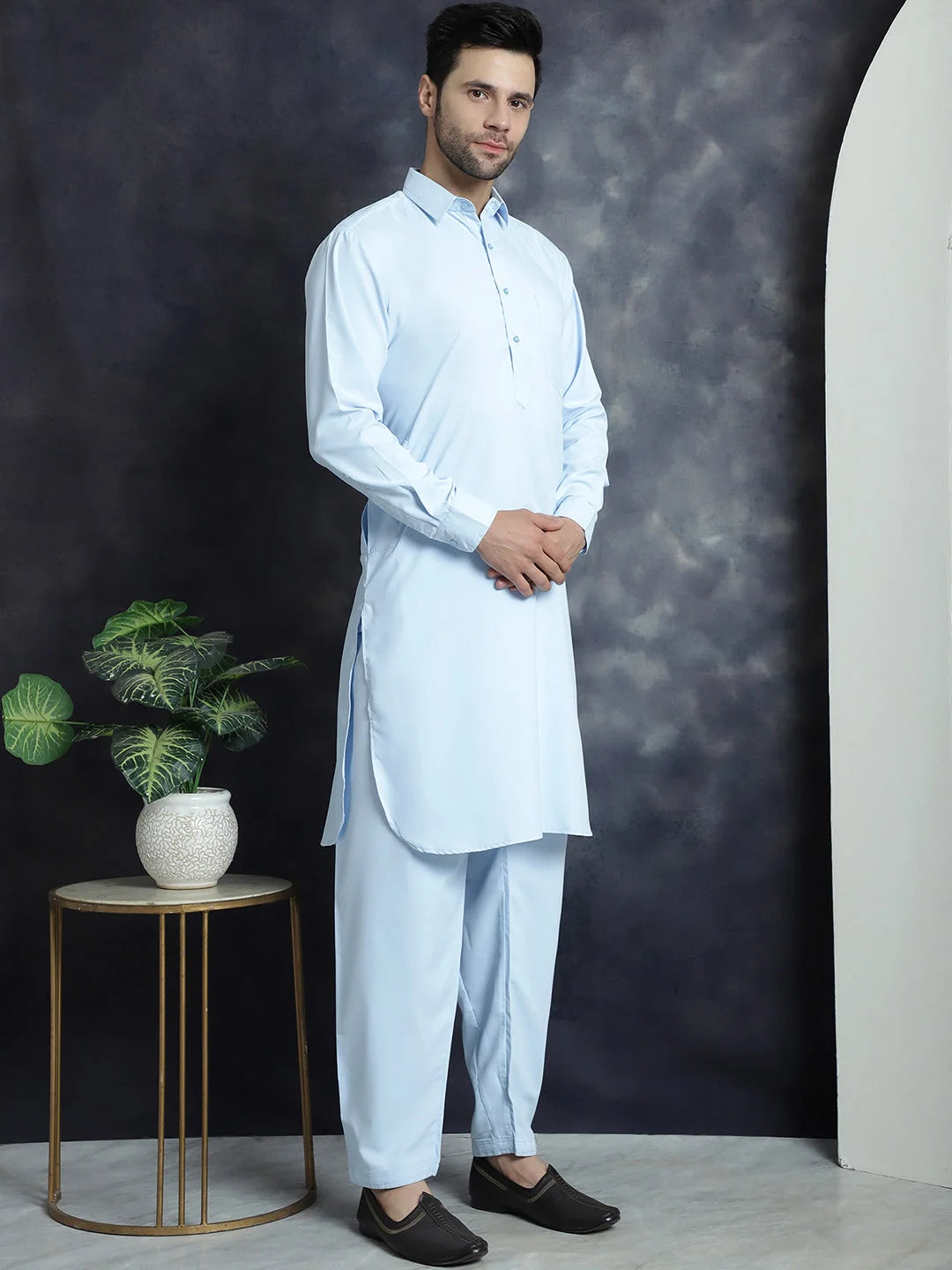Men's Solid Sky Blue Pathani Kurta Pajama Set | Cotton