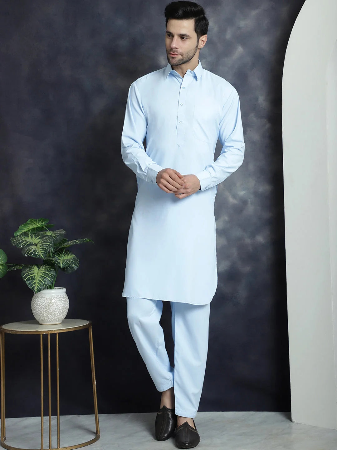 Men's Solid Sky Blue Pathani Kurta Pajama Set | Cotton