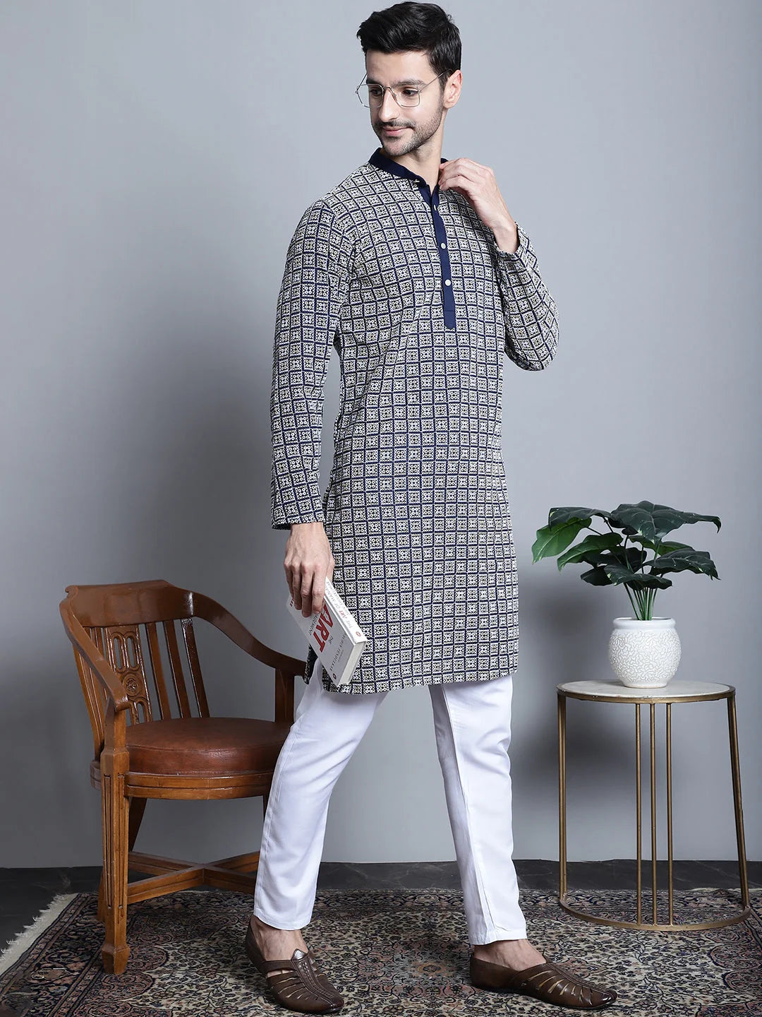 Navy Blue Embroidered Kurta Pajama for Men | Ethnic Outfit