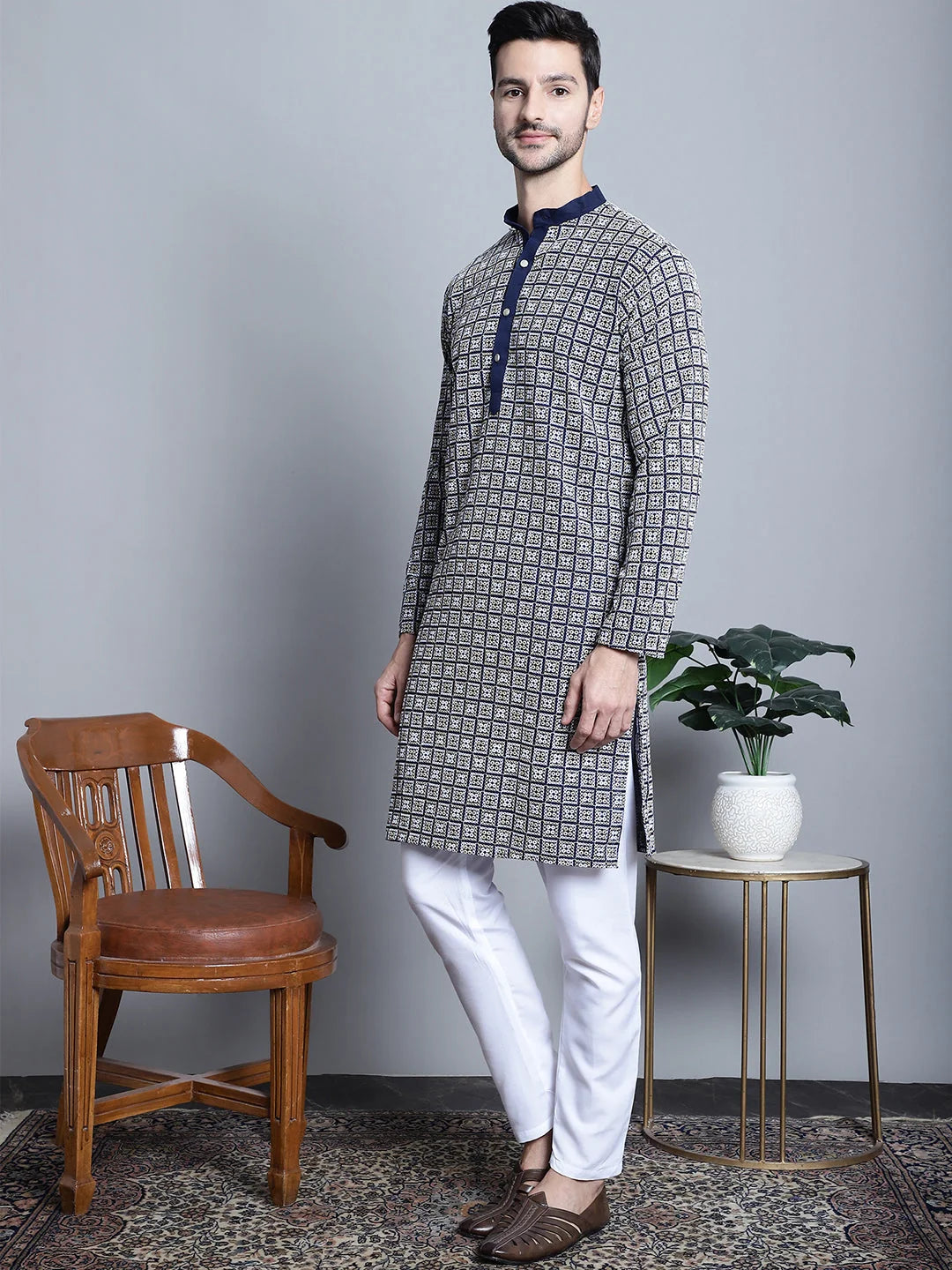 Navy Blue Embroidered Kurta Pajama for Men | Ethnic Outfit