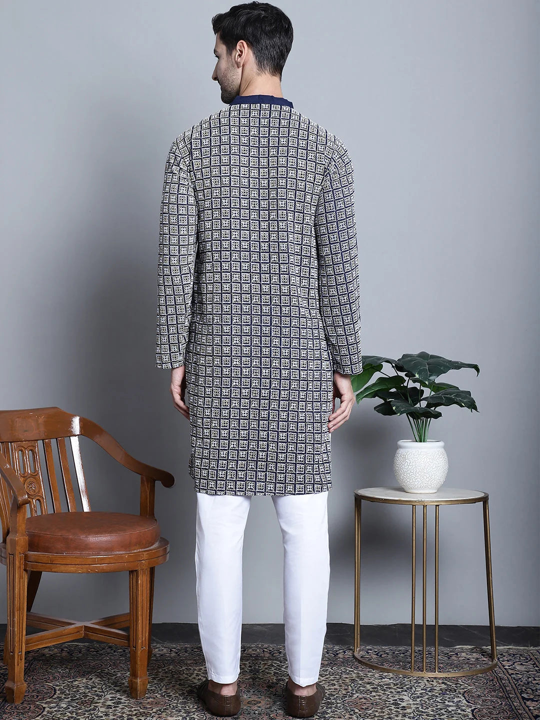 Navy Blue Embroidered Kurta Pajama for Men | Ethnic Outfit