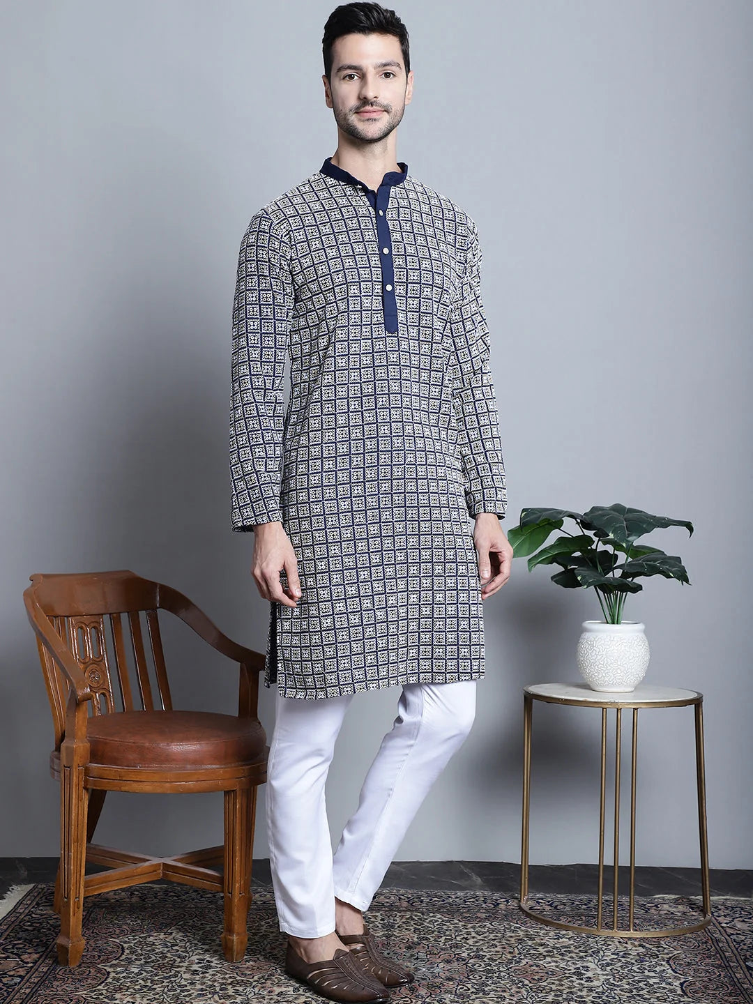 Navy Blue Embroidered Kurta Pajama for Men | Ethnic Outfit