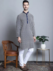 Men's Navy Blue Embroidered Kurta with Pyjama