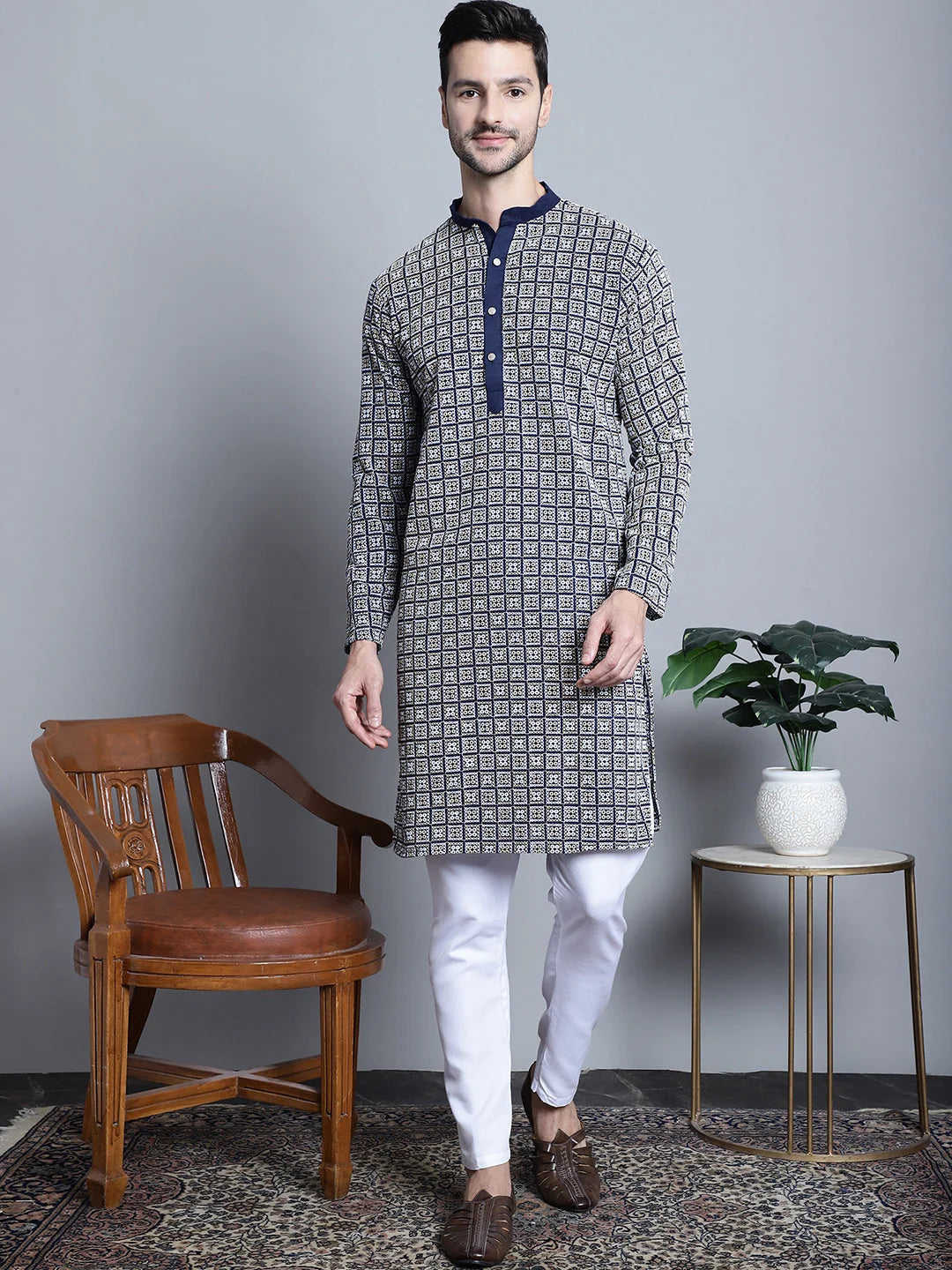Navy Blue Embroidered Kurta Pajama for Men | Ethnic Outfit