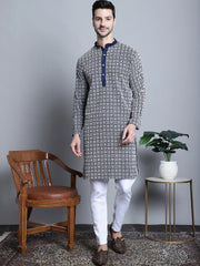 Men's Navy Blue Embroidered Kurta with Pyjama