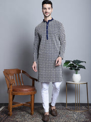 Men's Navy Blue Embroidered Kurta with Pyjama