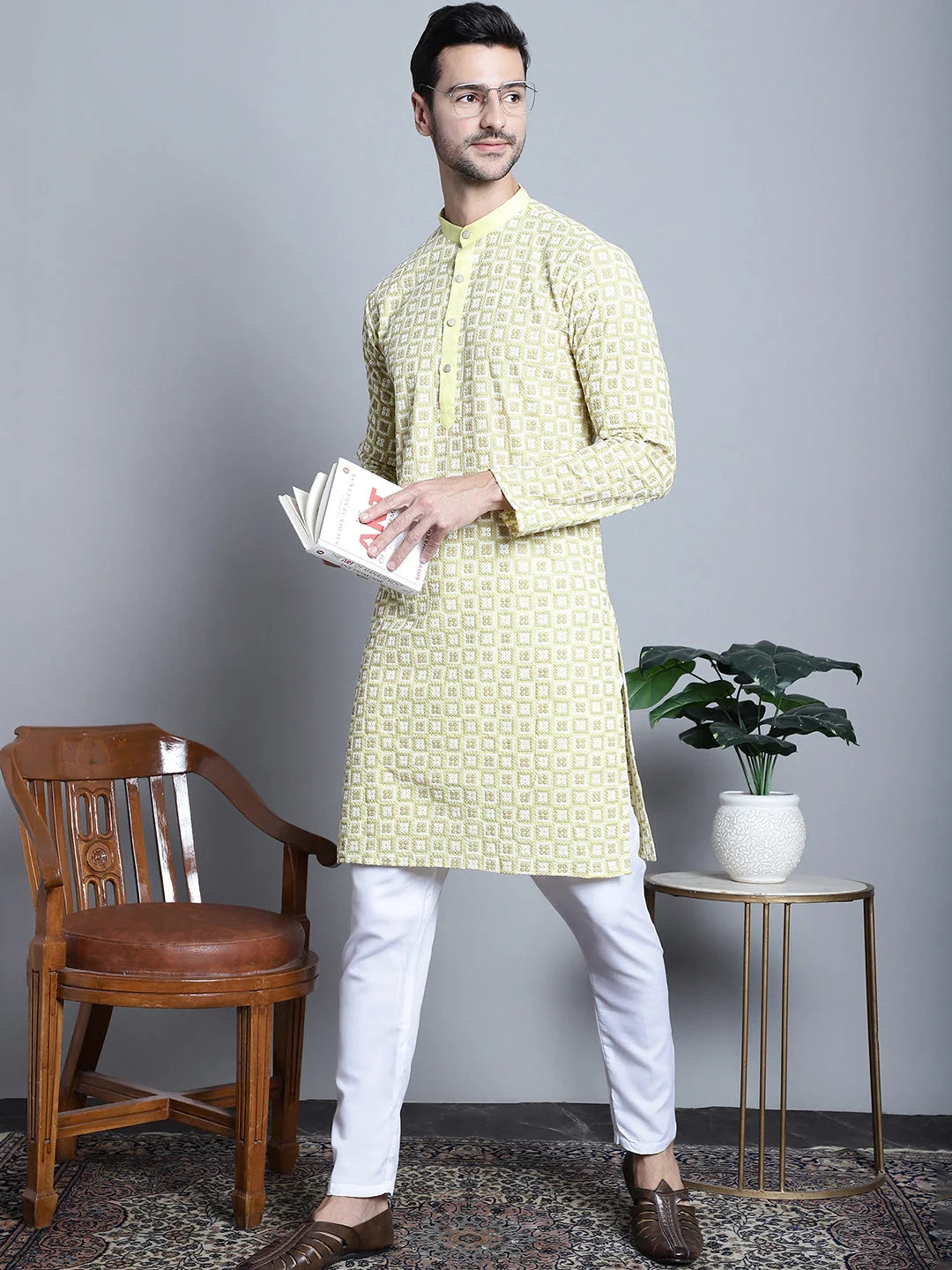 Men's Yellow Embroidered Kurta with Pyjama