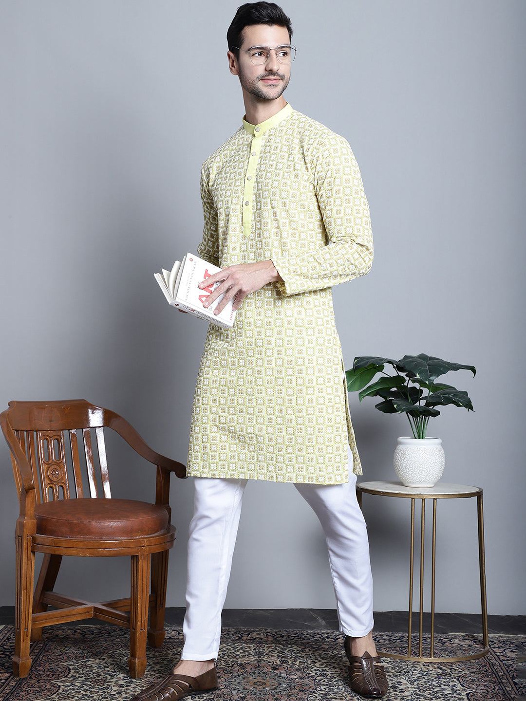Men's Yellow Embroidered Kurta Pajama Set | Ethnic Wear
