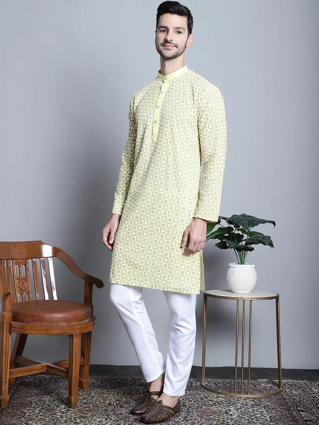 Men's Yellow Embroidered Kurta Pajama Set | Ethnic Wear
