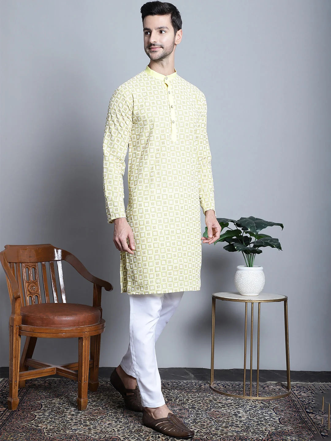 Men's Yellow Embroidered Kurta Pajama Set | Ethnic Wear